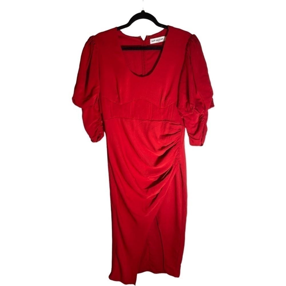 Self-Portrait Red Ruched Midi Dress - Picture 7 of 9